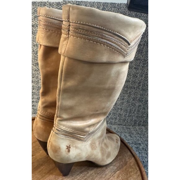 Frye Simone Cuff Mid-Calf Leather Natural Tan Boots With Stacked Heel.Size 8 - Picture 7 of 13
